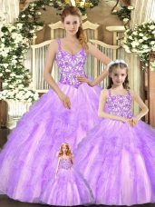 Classical Ball Gowns Sweet 16 Dress Lilac Straps Organza Sleeveless Floor Length Lace Up