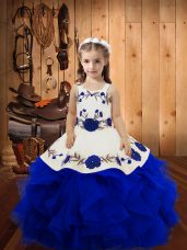 Perfect Royal Blue Straps Neckline Embroidery and Ruffles Evening Gowns Sleeveless Lace Up