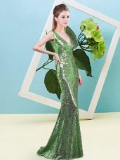 V-neck Sleeveless Zipper Prom Dresses Green Sequined