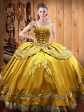 Low Price Gold Ball Gowns Satin and Organza Off The Shoulder Sleeveless Beading and Embroidery Floor Length Lace Up Vestidos de Quinceanera