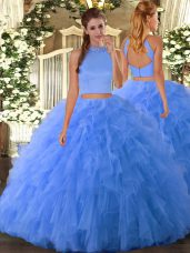 High End Baby Blue Sleeveless Floor Length Beading and Ruffles Backless Sweet 16 Quinceanera Dress
