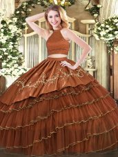 Great Halter Top Sleeveless Vestidos de Quinceanera Floor Length Beading and Embroidery and Ruffled Layers Brown Organza
