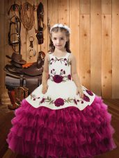 Beautiful Sleeveless Organza Floor Length Lace Up Party Dress Wholesale in Fuchsia with Embroidery and Ruffled Layers