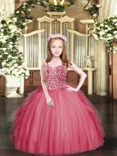 Spaghetti Straps Sleeveless Child Pageant Dress Floor Length Beading and Ruffles Coral Red Tulle