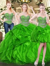 Custom Design Green Ball Gowns Organza Sweetheart Sleeveless Beading and Ruffles Floor Length Lace Up Quinceanera Gowns