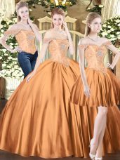 Three Pieces Sweet 16 Dress Brown Off The Shoulder Tulle Sleeveless Floor Length Lace Up