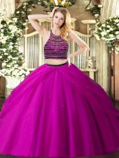Fuchsia Ball Gowns Beading and Ruching Quinceanera Gowns Zipper Tulle Sleeveless Floor Length