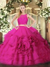 Hot Pink Sleeveless Floor Length Ruffles Zipper Sweet 16 Quinceanera Dress