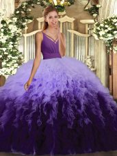 Modest Multi-color Ball Gowns Organza V-neck Sleeveless Ruffles Floor Length Backless Quinceanera Dress