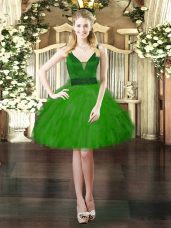 Custom Fit Green Tulle Lace Up Evening Dress Sleeveless Mini Length Beading and Ruffles