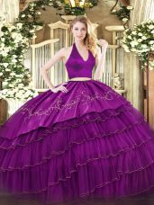 Cute Floor Length Fuchsia Quinceanera Dresses Halter Top Sleeveless Zipper