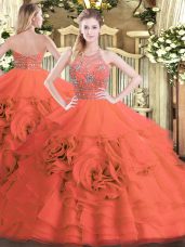 Ball Gowns Quinceanera Dress Red Halter Top Tulle Sleeveless Floor Length Zipper