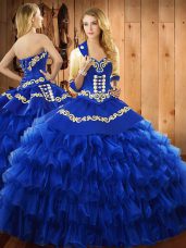 Glittering Satin and Organza Sweetheart Sleeveless Lace Up Embroidery and Ruffled Layers Sweet 16 Dresses in Blue