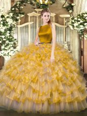 Glorious Organza Scoop Sleeveless Clasp Handle Ruffled Layers Quinceanera Dresses in Gold