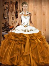 Low Price Brown Ball Gowns Embroidery and Ruffles Quinceanera Gown Lace Up Satin and Organza Sleeveless Floor Length