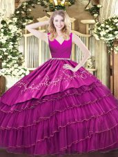 Ball Gowns Quinceanera Gowns Fuchsia V-neck Satin and Organza Sleeveless Floor Length Zipper