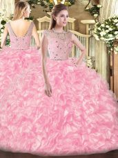 Rose Pink Tulle Zipper Bateau Sleeveless Floor Length 15th Birthday Dress Beading and Ruffles