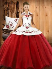 Dynamic Wine Red Lace Up Halter Top Embroidery Sweet 16 Dresses Satin and Tulle Sleeveless