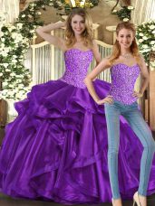 Eggplant Purple Tulle Lace Up Sweet 16 Quinceanera Dress Sleeveless Floor Length Beading and Ruffles