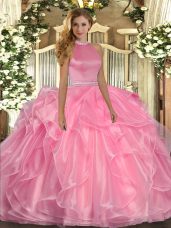 Flirting Watermelon Red Halter Top Backless Beading and Ruffles Vestidos de Quinceanera Sleeveless