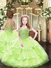 Best Yellow Green Organza Lace Up Straps Sleeveless Floor Length Party Dress for Toddlers Beading and Ruffled Layers