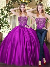 Purple Lace Up Quinceanera Gown Beading Sleeveless Floor Length