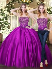 Purple Lace Up Quinceanera Gown Beading Sleeveless Floor Length