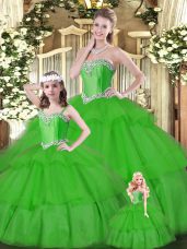 Green Lace Up 15 Quinceanera Dress Beading and Ruffled Layers Sleeveless Floor Length