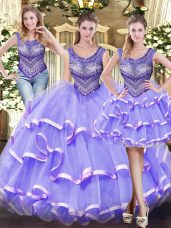 Designer Scoop Sleeveless Sweet 16 Dress Floor Length Beading and Ruffled Layers Lavender Tulle