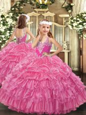Glorious Rose Pink Organza Lace Up Little Girl Pageant Gowns Sleeveless Floor Length Beading and Ruffled Layers and Pick Ups