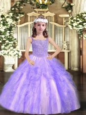 Tulle Straps Sleeveless Lace Up Beading and Ruffles Party Dresses in Lavender
