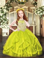 High Class Yellow Green Zipper Child Pageant Dress Beading and Ruffles Sleeveless Floor Length