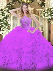 Enchanting Eggplant Purple Tulle Zipper Halter Top Sleeveless Floor Length Quinceanera Dress Beading and Ruffles