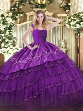 Fitting Straps Sleeveless Satin and Organza Quinceanera Dress Embroidery and Ruffled Layers Zipper