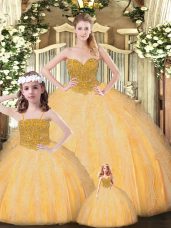 Super Ball Gowns Ball Gown Prom Dress Gold Sweetheart Tulle Sleeveless Floor Length Lace Up