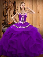 Sweetheart Sleeveless Organza Quinceanera Gowns Embroidery and Ruffles Lace Up
