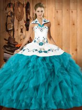 Free and Easy Satin and Organza Halter Top Sleeveless Lace Up Embroidery and Ruffles Ball Gown Prom Dress in Teal