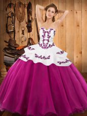 Stunning Fuchsia Vestidos de Quinceanera Military Ball and Sweet 16 and Quinceanera with Embroidery Strapless Sleeveless Lace Up