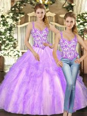 Classical Floor Length Ball Gowns Sleeveless Lilac Quinceanera Gowns Lace Up