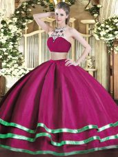 Fuchsia High-neck Backless Beading 15th Birthday Dress Sleeveless