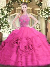 Sleeveless Floor Length Beading and Ruffled Layers Zipper Quinceanera Gowns with Hot Pink