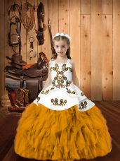 Charming Sleeveless Organza Floor Length Lace Up Womens Party Dresses in Gold with Embroidery and Ruffles