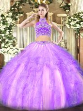 Noble Sleeveless Tulle Floor Length Backless 15th Birthday Dress in Lavender with Beading and Ruffles