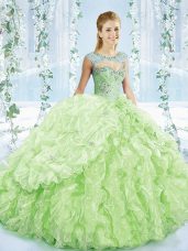 Sleeveless Brush Train Beading and Ruffles and Pick Ups Lace Up Sweet 16 Dresses