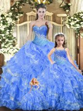 Baby Blue Ball Gowns Tulle Sweetheart Sleeveless Beading and Ruffles and Ruching Floor Length Lace Up Sweet 16 Quinceanera Dress