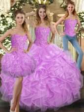 Best Lilac Tulle Lace Up 15th Birthday Dress Sleeveless Floor Length Beading and Ruffles
