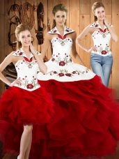 Dazzling Wine Red Sleeveless Embroidery and Ruffles Floor Length Sweet 16 Dresses