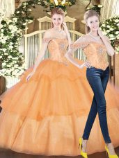 Comfortable Floor Length Orange Red Sweet 16 Dress Organza Sleeveless Beading and Ruffled Layers