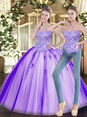 Custom Design Ball Gowns Sweet 16 Dresses Lavender Sweetheart Tulle Sleeveless Floor Length Lace Up