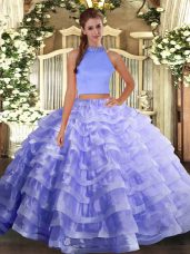 Fancy Floor Length Lavender Vestidos de Quinceanera Halter Top Sleeveless Backless
